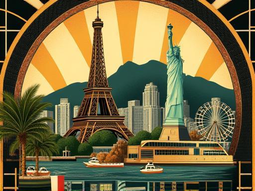 Stylized Art Deco montage of iconic international travel destinations accessible via Al Thuraya.
