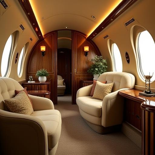 Opulent Art Deco interior of an Al Thuraya luxury jet cabin with gold and onyx details.