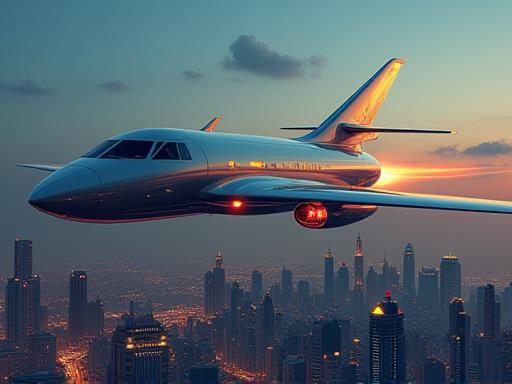 Animated retro-futuristic Al Thuraya aircraft soaring gracefully over the Kuwait City skyline at dusk.