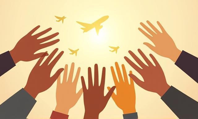 Stylized image of diverse hands reaching together, representing community support and partnership for aviation.