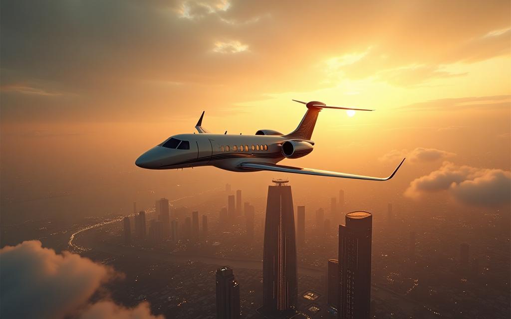Luxury jet soaring over a stylized Kuwait skyline with Art Deco motifs, representing Al Thuraya's mission.
