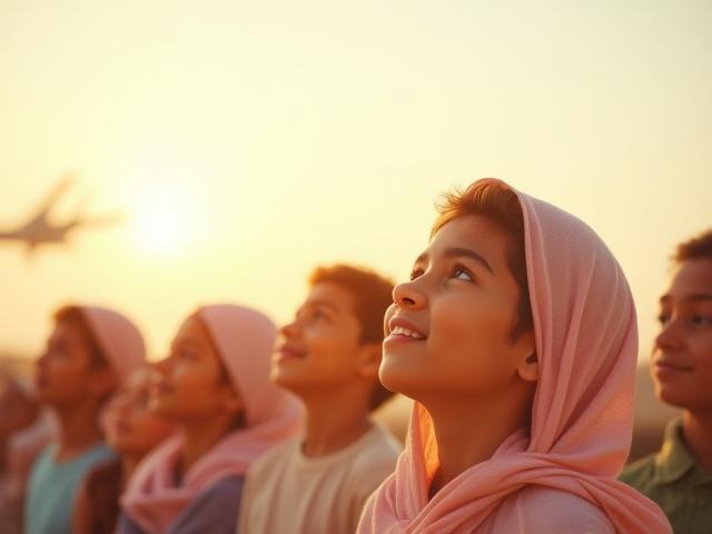 Conceptual image of diverse Kuwaiti youth looking towards a bright future in aviation.