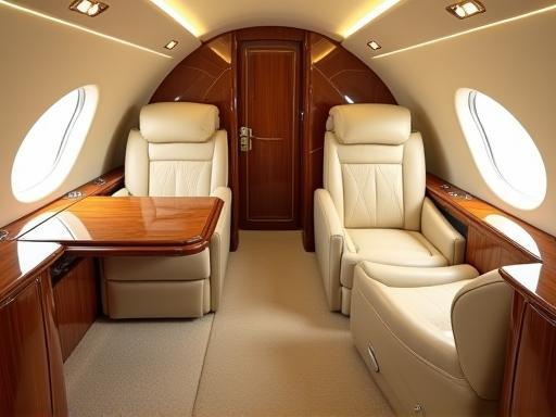 Luxurious interior of an Al Thuraya private jet with Art Deco detailing.