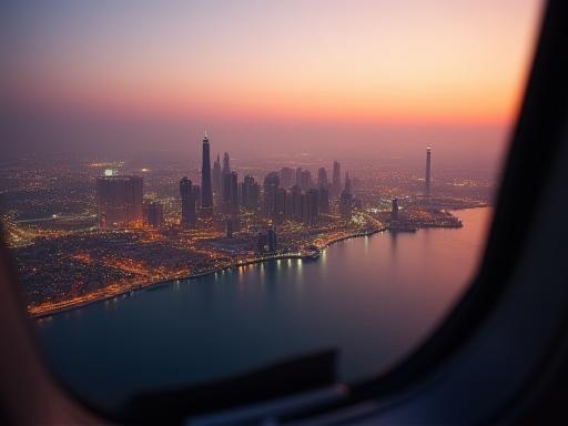 Aerial view of Kuwait City's iconic landmarks from an Al Thuraya scenic flight at sunset.